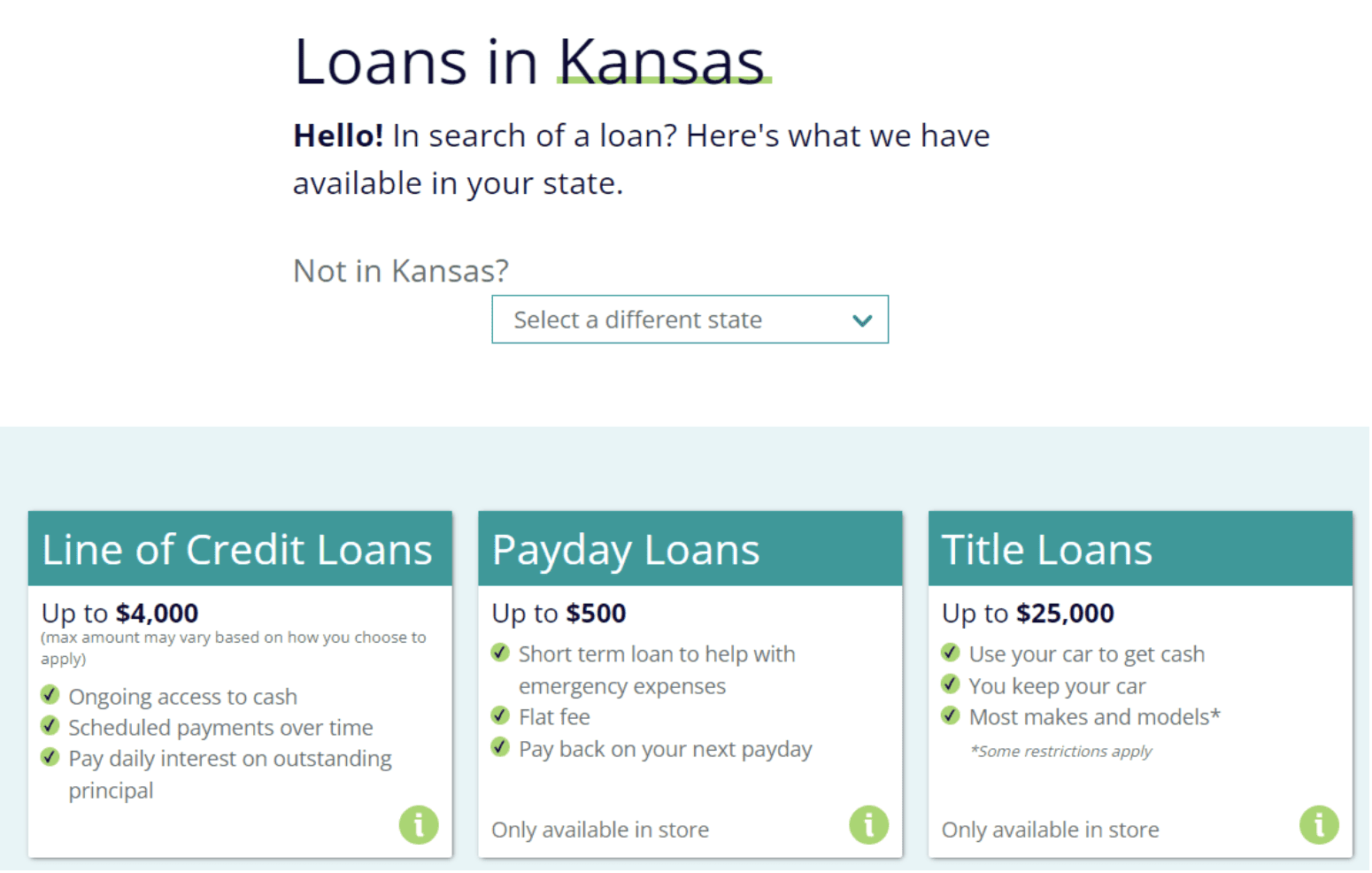 Screenshot of SpeedyCash loans page for Kansas in August 2022