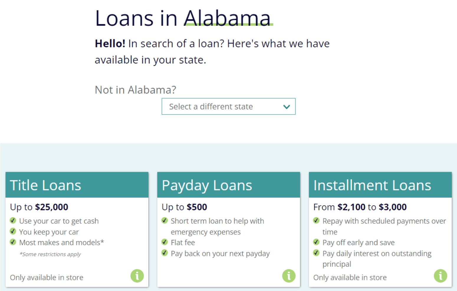 Screenshot of SpeedyCash loans page for Alabama in August 2022