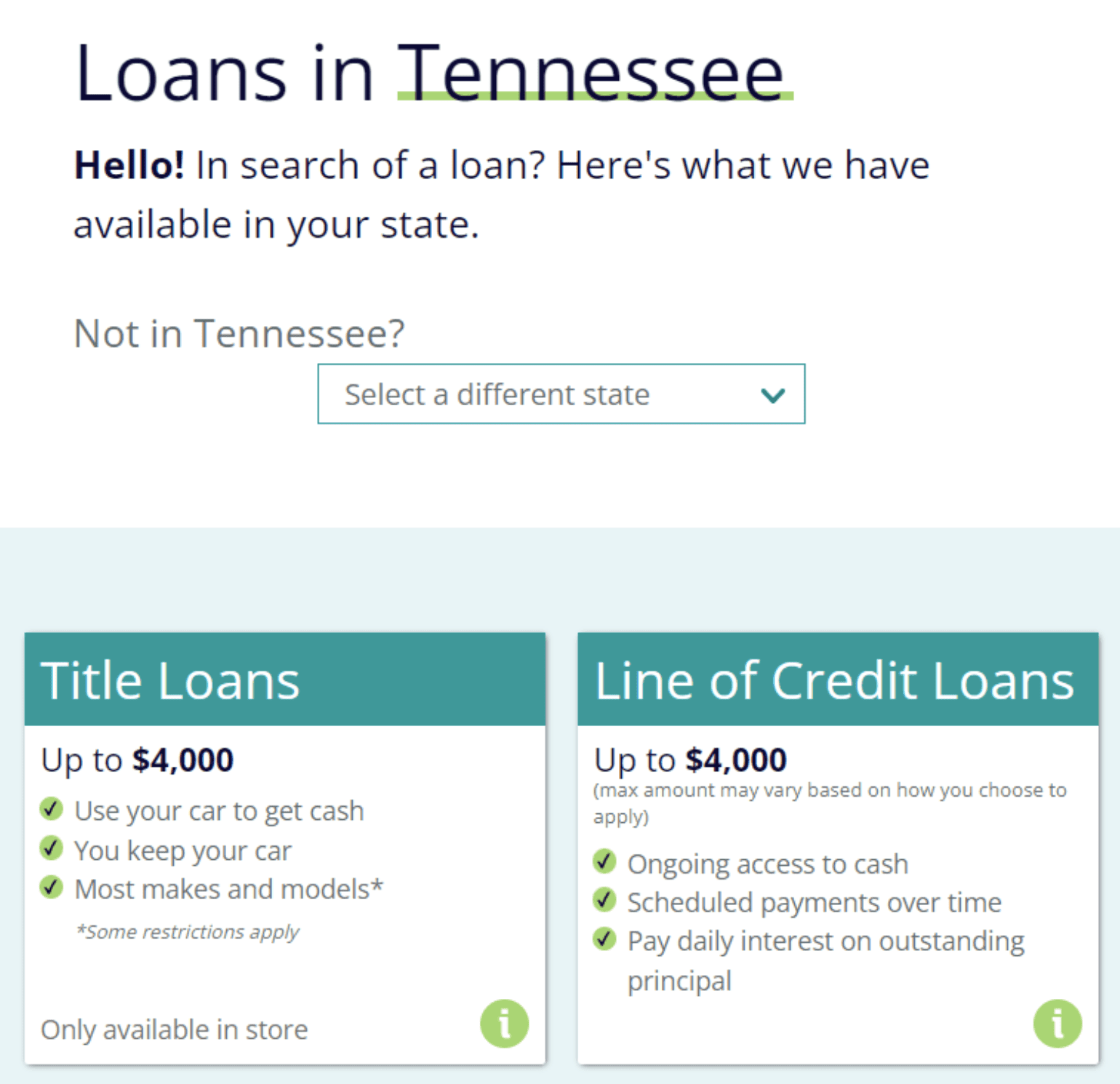 Screenshot of SpeedyCash loans page for Tennessee in August 2022