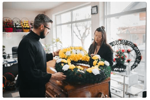 Funeral home interior prepared for a memorial service