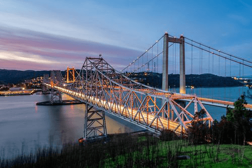 Alfred Zampa Memorial Bridge & Carquinez Bridge at dawn from Crockett and Vallejo viewpoints.