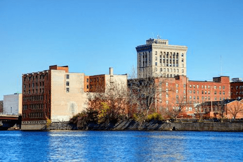 Saginaw Michigan skyline along the banks of the Saginaw River