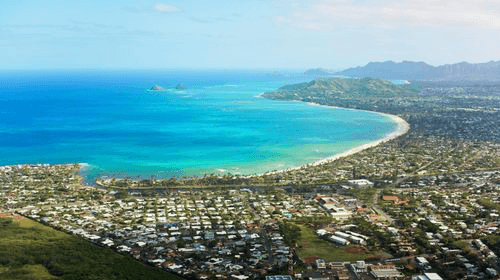 Aerial view of townscape with Kailua Bay on the island