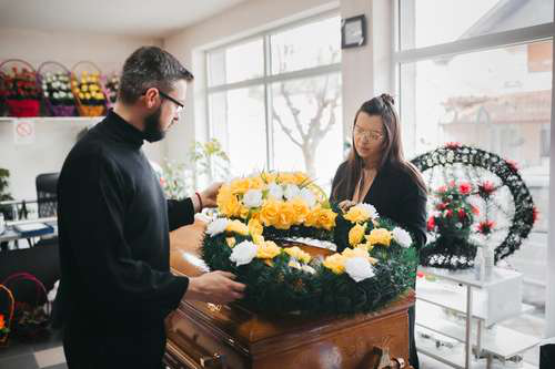 Funeral home interior prepared for a memorial service