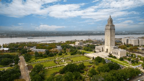 Boardwalk view of Baton Rouge, Louisiana with the city skyline and waterfront in the background – highlighting local title loan options.